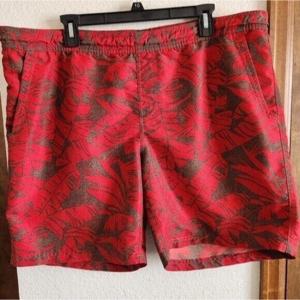 Eddie Bauer Men's‎ Large Red Brown Leaf Print Bathing Suit Swim Trunks Shorts